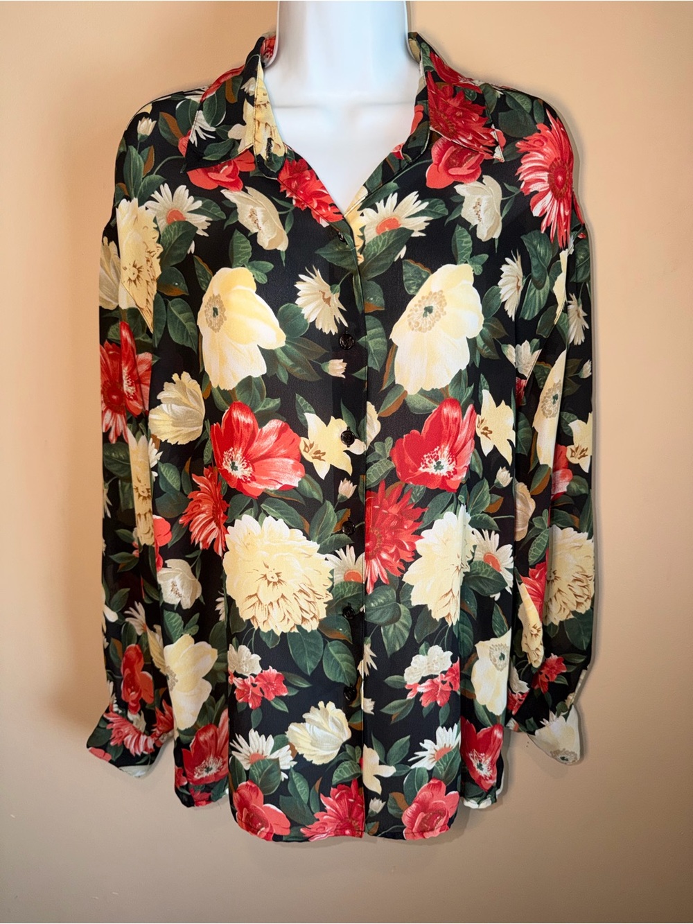 Vintage Liz Claiborne Women’s Semi-Sheer Long Sleeve Floral Blouse